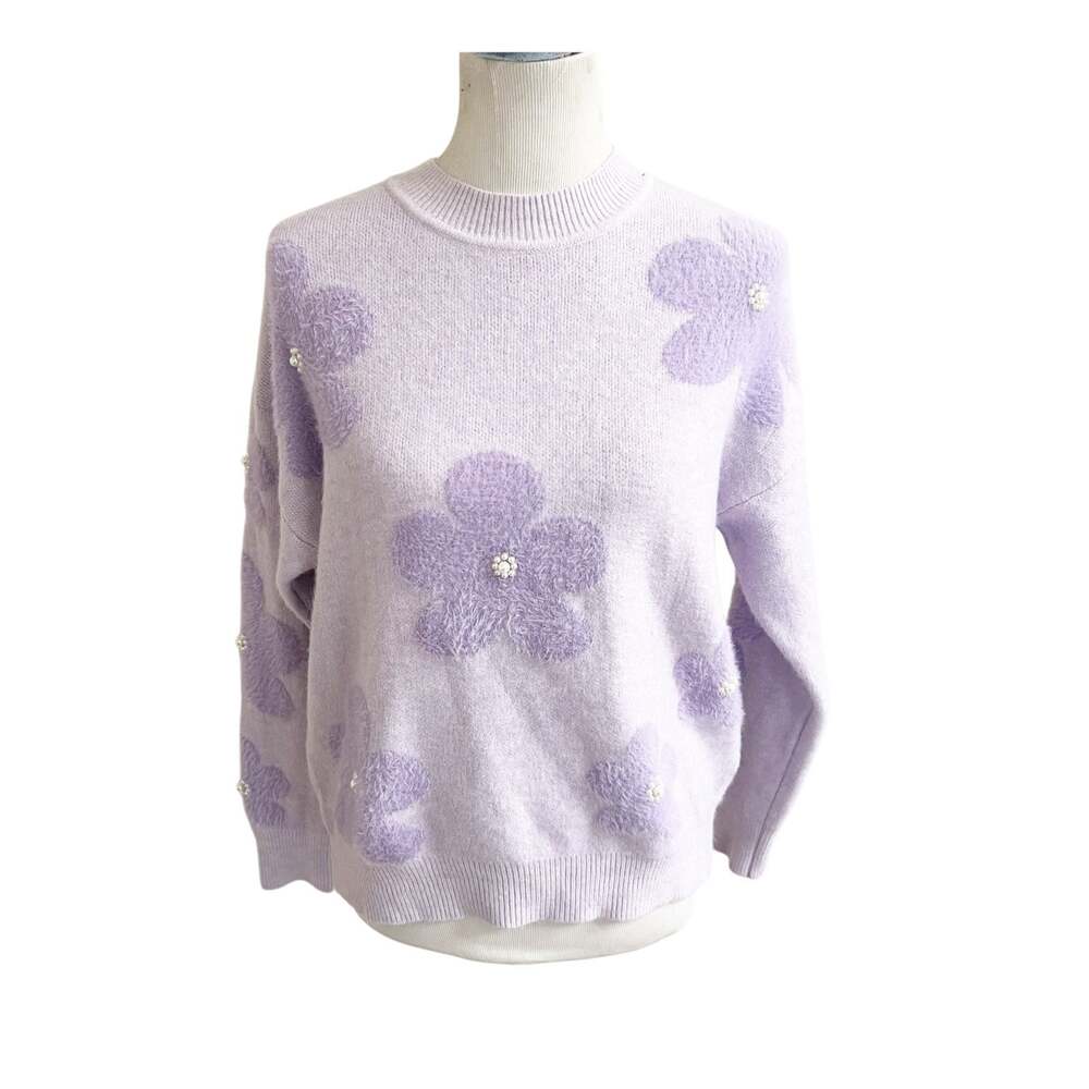 Nanette Sweater Women's Size Medium Purple Lepoore Floral Fuzzy Pullover Outdoor